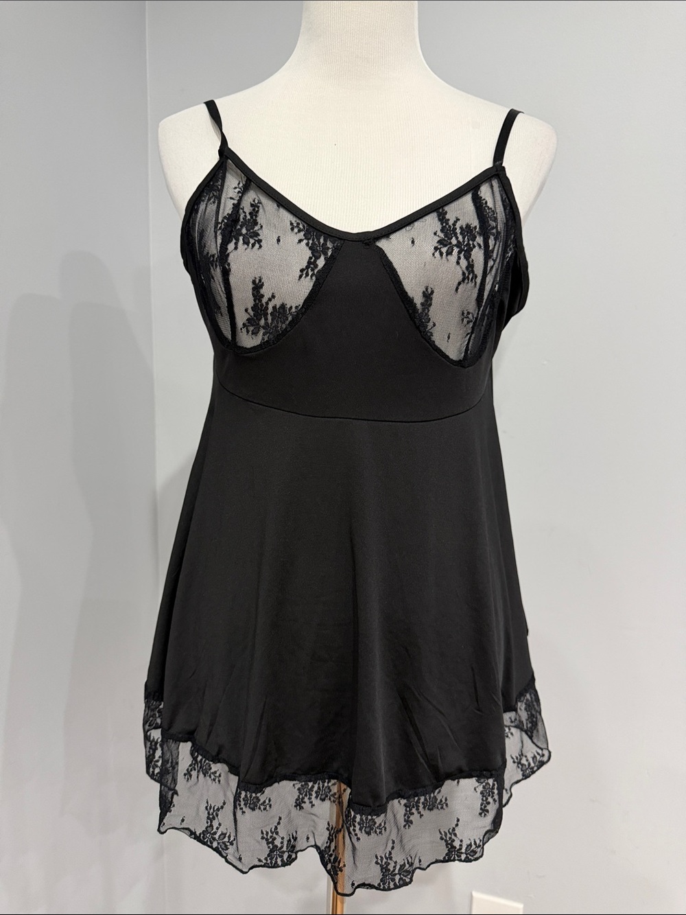 Sheer Lace-Trim Black Chemise lingiere with Adjustable Straps